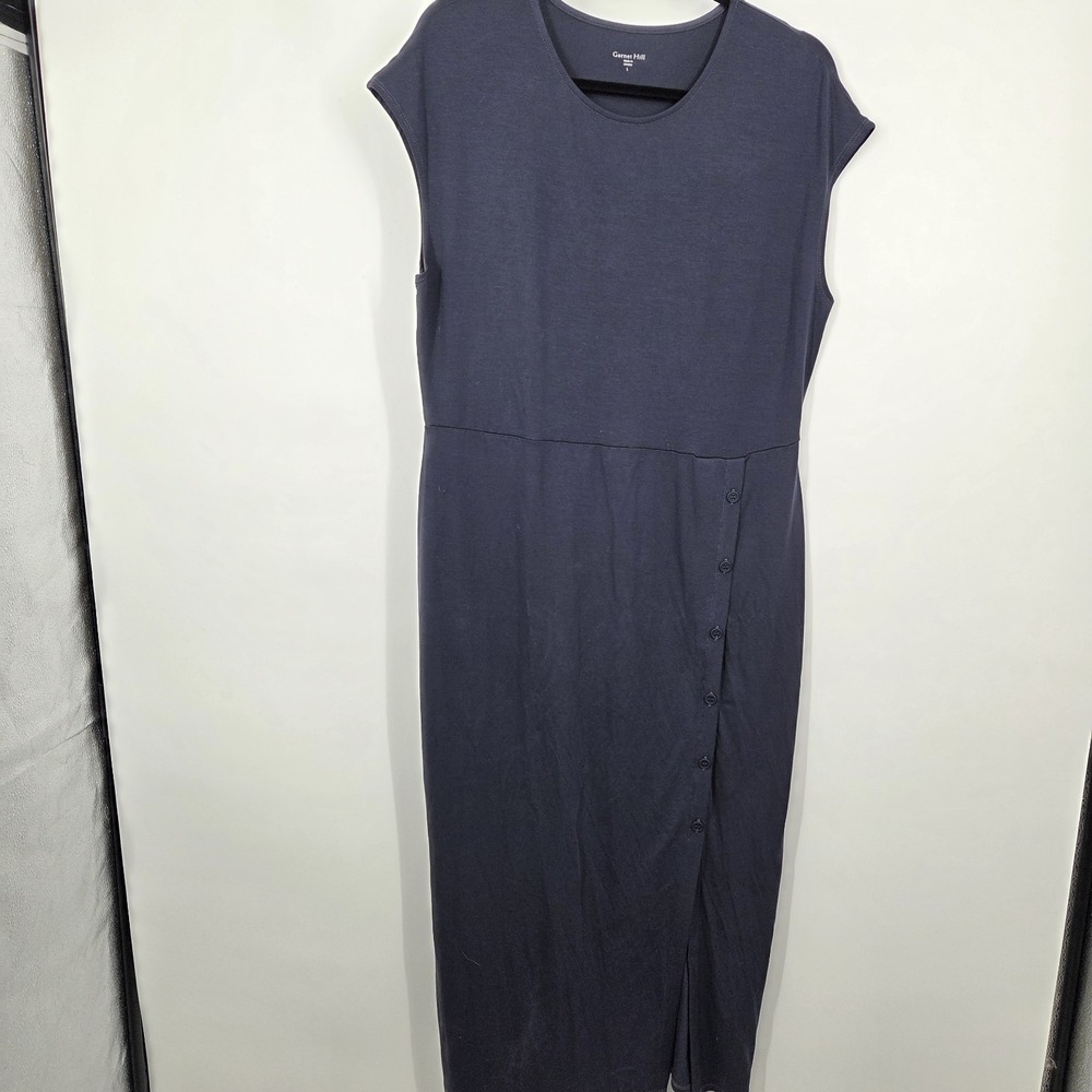 Garnet Hill Classic Navy Cap-Sleeve Knit Column Tencel Blend Midi Dress Size L